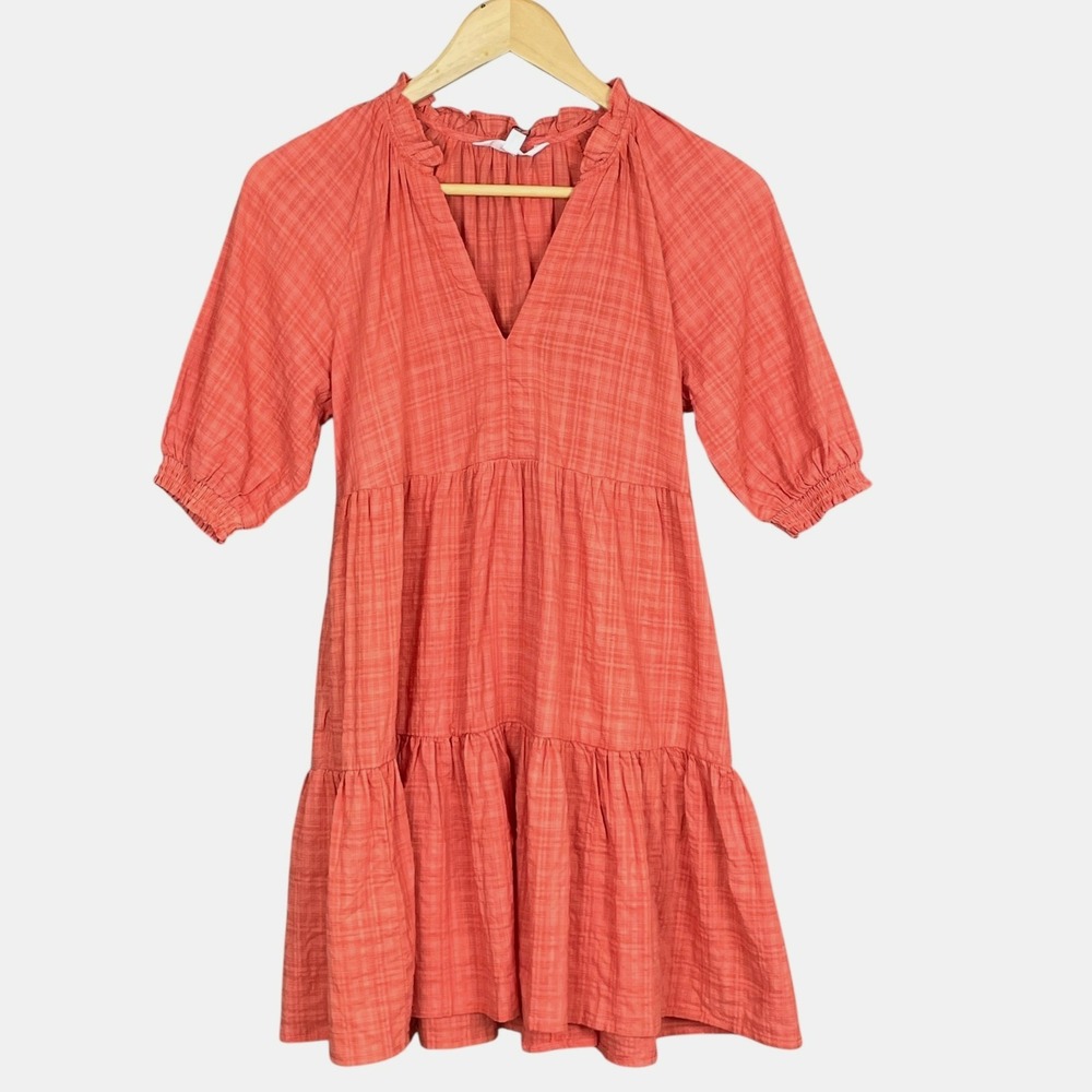BB Dakota XS Gauzy Coral Tiered Ruffle Neck Mini Dress Puff Sleeve Boho Brunch